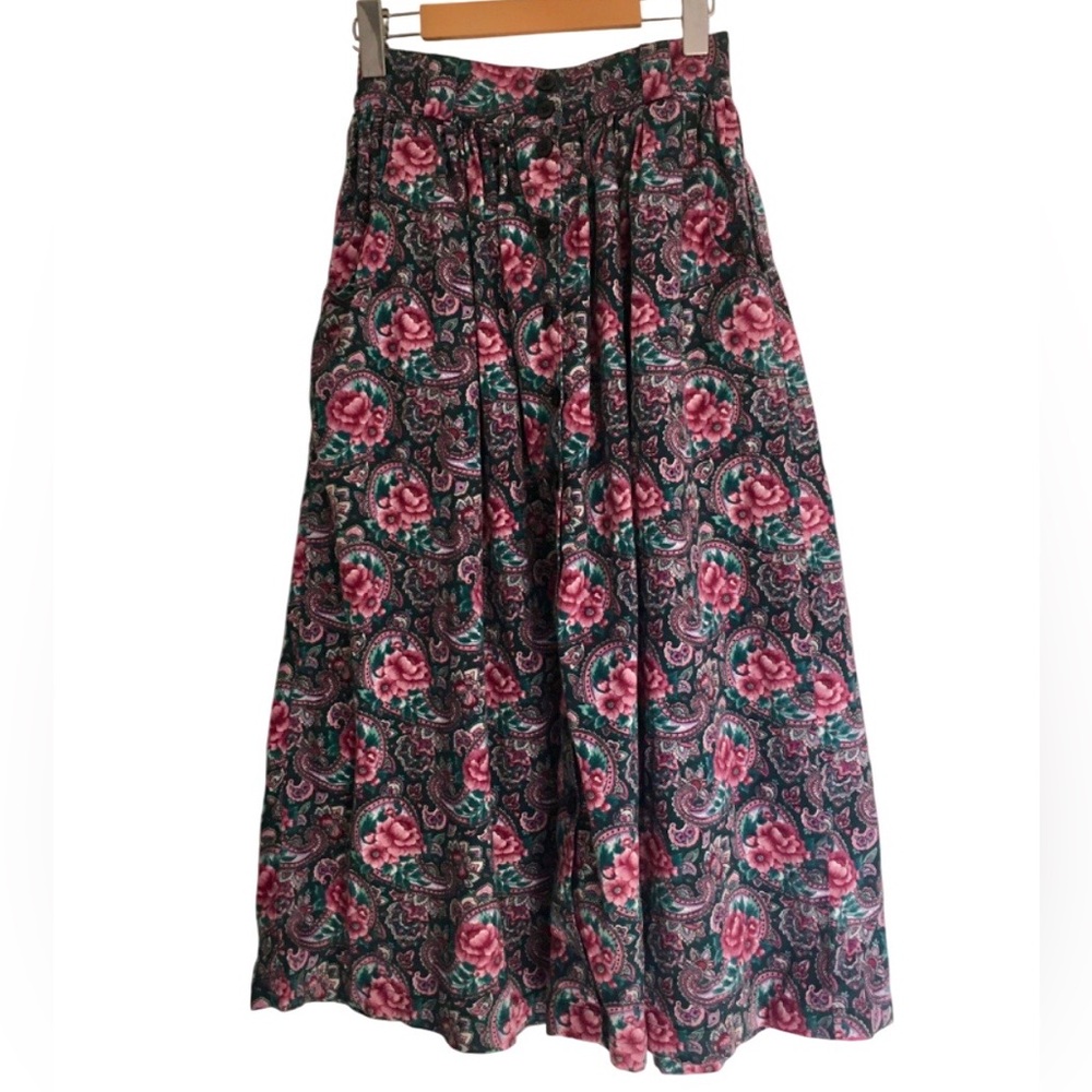 Vintage Maxi Skirt Whimsigoth Floral Paisley 80s Pockets Button Cottagecore S